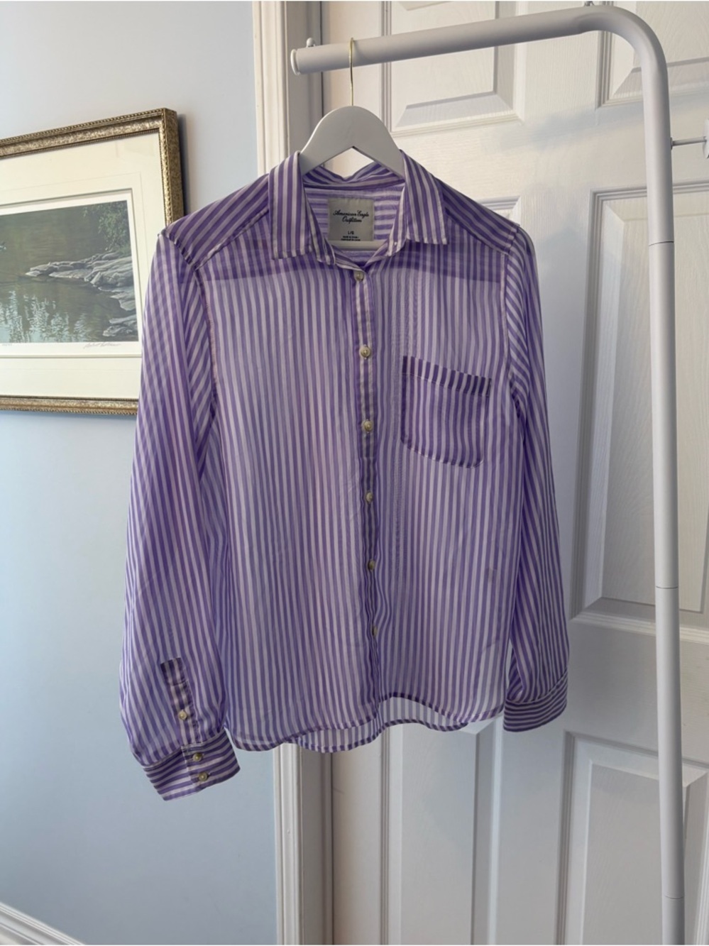 American Eagle Purple & White Striped Button Down Shirt Semi Sheer Size Large - Picture 11 of 15